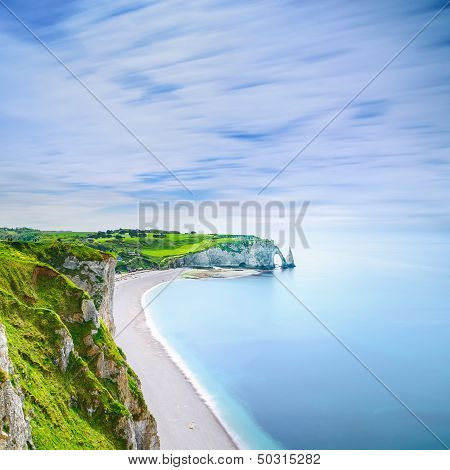 Etretat Aval Cliff And Rocks Landmark And Ocean . Normandy, France.