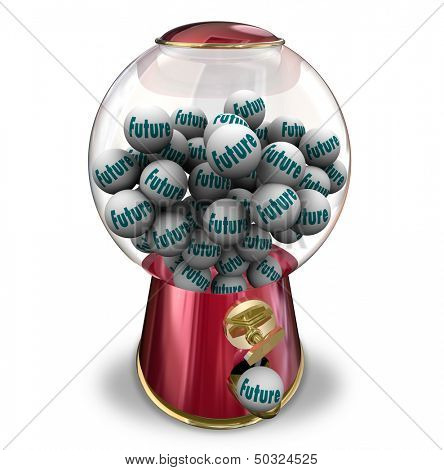 The word Future on gumballs dispensed to predict your next actions or fate tomrrow or moving forward