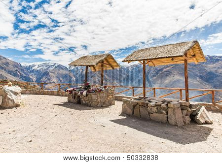 Market, Hawkers In Colca Canyon, Peru, South America. Colorful Blanket,  Scarf, Cloth, Ponchos From