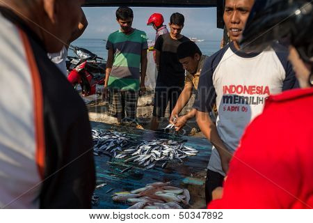 PADANG - AUGUST 25: Fishmongers negotiate fish price and trade at an outdoor village market in Padang, West Sumatera, Indonesia on August 25, 2013. Resources from the sea is a major revenue earner.