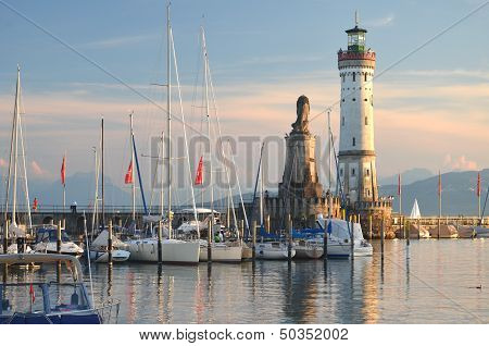 Picturesque view on the entrance of the harbor in Lindau island on Lake Bodensee, Germany