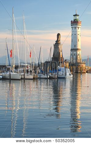 Picturesque view on the entrance of the harbor in Lindau island on Lake Bodensee, Germany