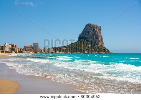Calpe Alicante Arenal Bol beach with Penon de Ifach mountain in Mediterranean sea of Spain
