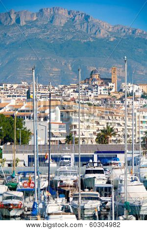 Altea village in alicante with marina boats foreground at Spain Valencian Community