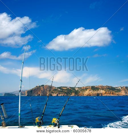 Fishing trolling boat rods in Mediterranean Cabo Nao Cape at Alicante Spain