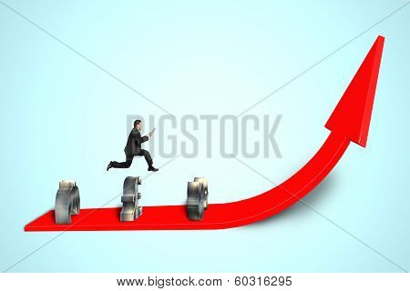 Jumping Over Money Symbol Obstacles On Red Arrow