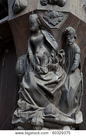 Wooden sculptures on the wall of the house. Tours Touraine France