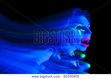 Woman Black Light Ghost Hand Up Mouth Open