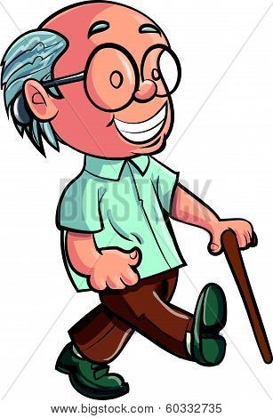 Cartoon Grandfather walking with a stick. Isolated