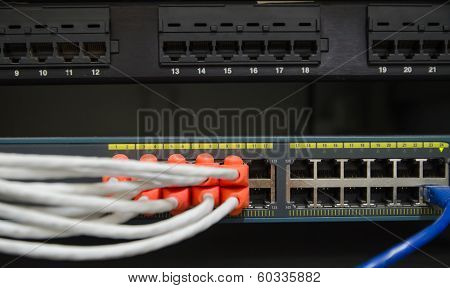 Partially View Of Lan Network Switch With  Ethernet Cables Plugged In