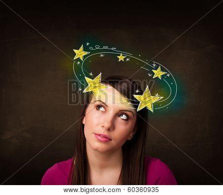 Young girl with yellow stars circleing around her head illustration