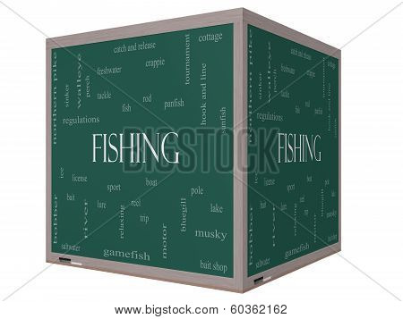 Fishing Word Cloud Concept On A 3D Cube Blackboard
