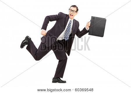 Scared male businessman running away from something isolated on white background