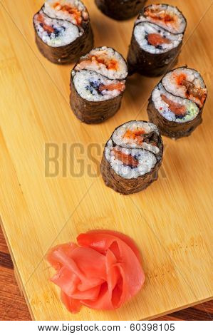 Japanese cuisine - sushi rolls with tobico and pancake
