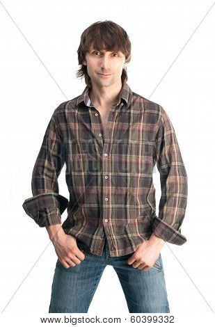Casual Young Man In Plaid Shirt Isolated On White Background