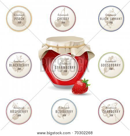jam jar and 8 hand drawn label designs for it
