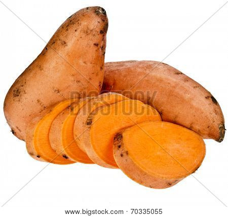 Sweet potatoes with slices isolated on white background