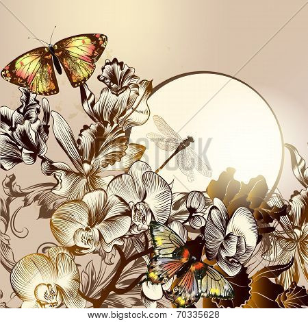 Fashion Floral Background With Butterflies And Orchids