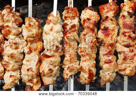 Skewers With Meat Shish Kebabs On Brazier