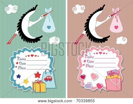 Baby shower invitation with stork.Newborn set