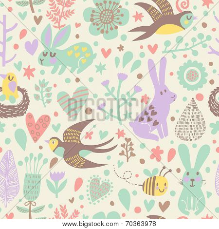 Stylish seamless pattern with cute swallows, rabbits, bee and flowers in vector. Seamless pattern can be used for wallpapers, pattern fills, web page backgrounds,surface textures