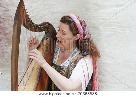 MUSKOGEE, OK - MAY 24: Woman dressed in vintage clothes plays harp at the Oklahoma 19th annual Renaissance Festival on May 24, 2014 at the Castle of Muskogee in Muskogee, OK 