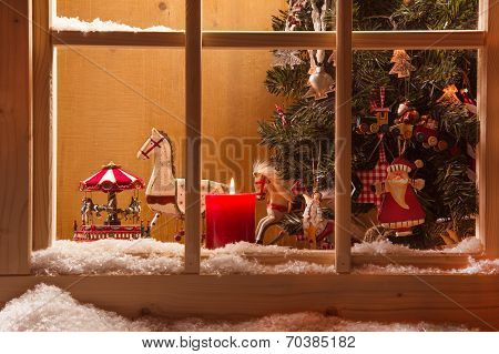 Atmospheric Christmas Window Sill Decoration:snow,tre E,candle,rocking Horse And Carousel