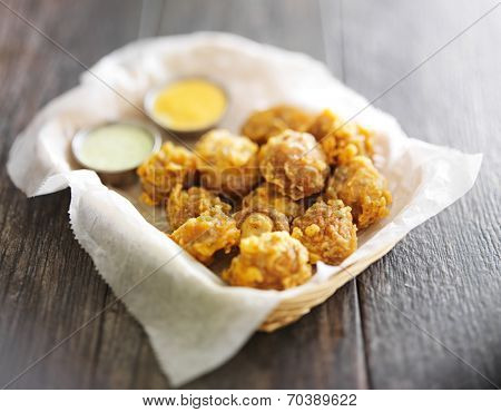 beer battered mushrooms with chipotle and jalapeno mayo dipping sauces