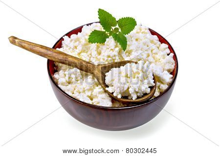 Curd in wooden bowl with spoon