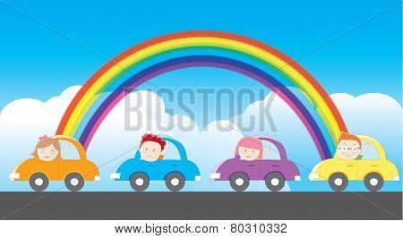 People driving the colorful cars