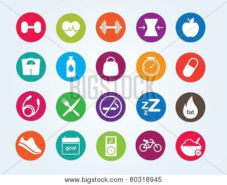 Flat Diet and Health Icon Set