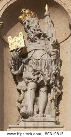 VIENNA, AUSTRIA - OCTOBER 10: Statue of Saint on baroque Jesuits church. The church was built between 1623 and 1627. in Vienna, Austria on October 10, 2014.