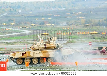 Tank T-90S moves after water ford