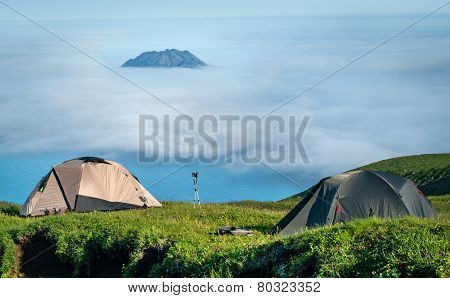 Fuss PeTourist tents in the  mountains, Paramushir Island,  Russ
