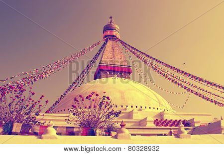 Buddhist Boudhanath Stupa in Kathmandu, Nepal . Instagram toning