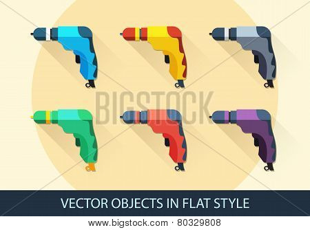Set Of Drills In Flat Style With A Long Shadow
