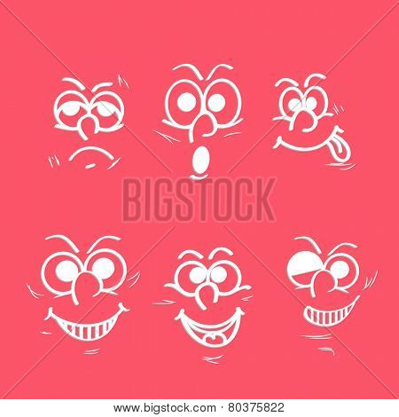 Set of funny faces showing different facial expressions on pink background. 