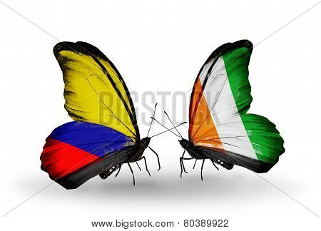 Two Butterflies With Flags On Wings As Symbol Of Relations Columbia And Cote Divoire