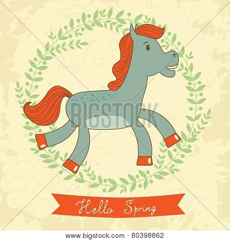 Hello spring concept card with cute running horse