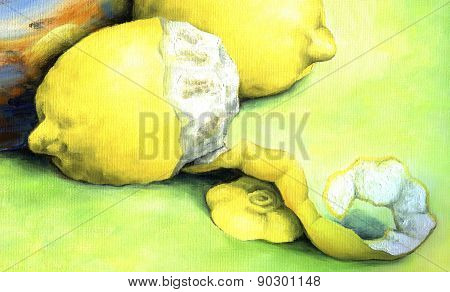 Yellow lemon with rind spiral incision.
