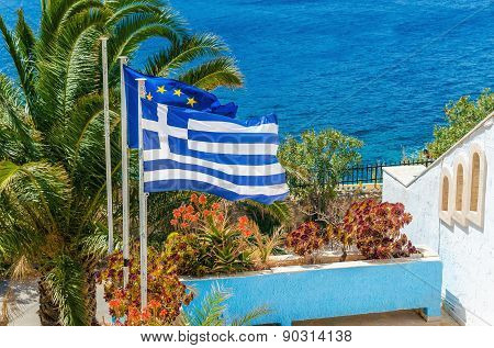 Greece and European Union flag, plam tree