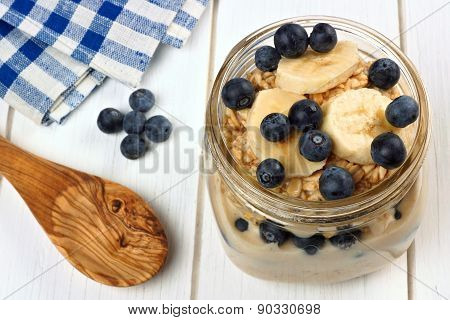 Blueberry and banana overnight oatmeal in mason jar