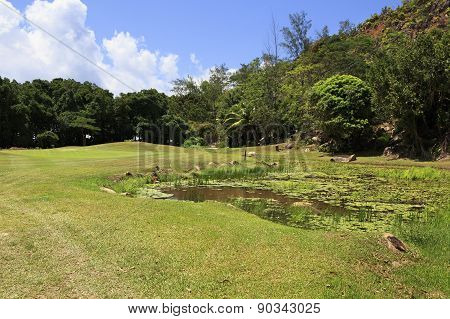 Lake on golf course at the Constance Lemuria Resort.