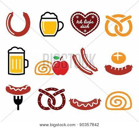 German, Octoberfest food - sausage, curry wurst, beer, pretzel, apple strudel