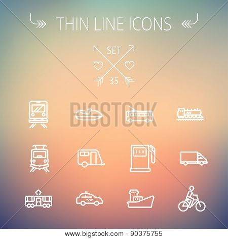 Transportation thin line icon set for web and mobile. Set includes- gas pump, vessel, car, train, bus, boat  icons. Modern minimalistic flat design. Vector white icon on gradient mesh background.