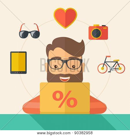 Man making a purchase using laptop with internet in online shopping with promo discount. A Contemporary style with pastel palette, soft beige tinted background. Vector flat design illustration. Square