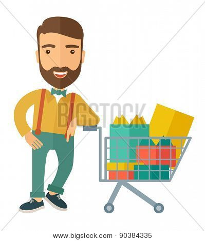 A happy man standing with his shopping cart. A contemporary style. Vector flat design illustration with isolated white background. Vertical layout
