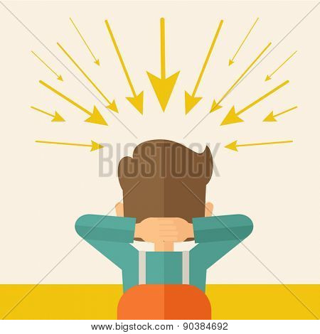 Young worried businessman thinking about business with negative trend. Business failure concept. A Contemporary style with pastel palette, soft beige tinted background. Vector flat design illustration
