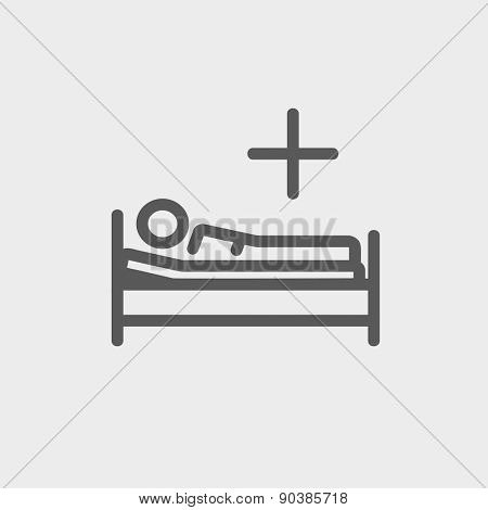 Medical bed with patient icon thin line for web and mobile, modern minimalistic flat design. Vector dark grey icon on light grey background.