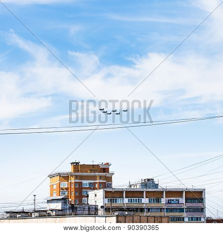 Military Fighter Aircrafts Flight Over Urban House